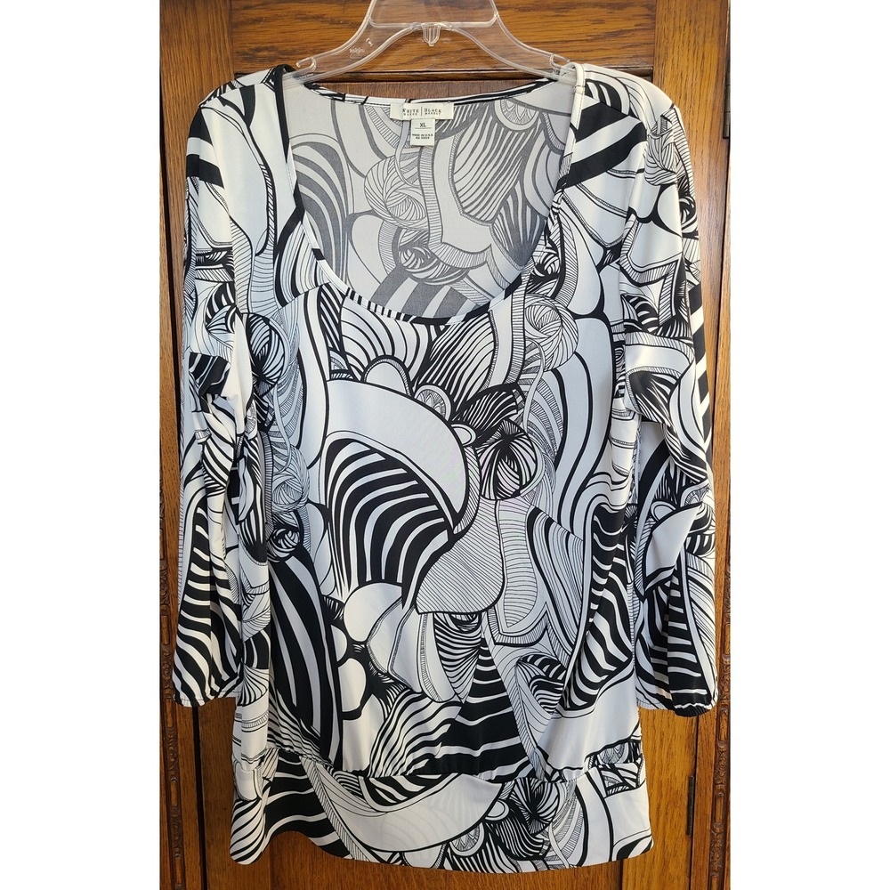 White House Black Market Black White Abstract Swirl Print Blouse XL 3/4 Sleeve